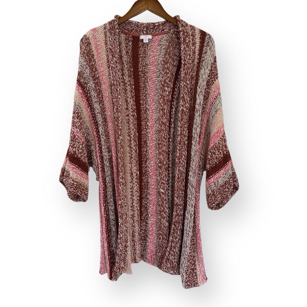 J. Jill Chunky Cotton Blend Striped Cardigan M Pink Brown Open Front Knit Boho
